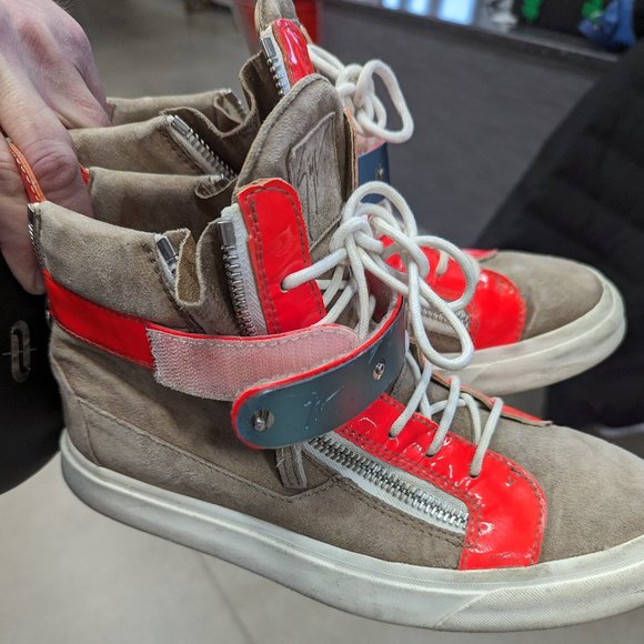 Giuseppe Zanotti Beige/neon Orange Suede And Patent Leather Coby High Top Sneakr - Picture 1 of 1